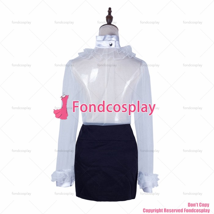 fondcosplay adult sexy cross dressing sissy maid short white organza shirt Blouse lockable black satin skirt CD/TV[G2064]