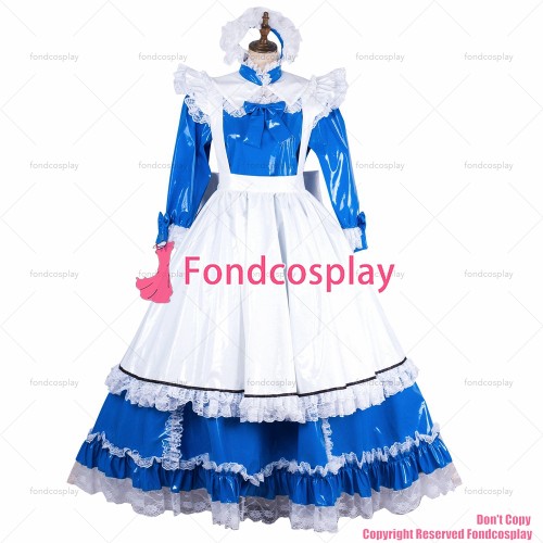 fondcosplay adult sexy cross dressing sissy maid long lockable blue thin PVC dress vinyl Uniform white apron CD/TV[G1996]