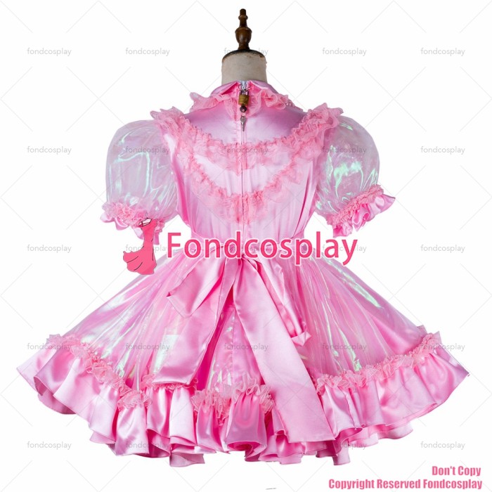 fondcosplay adult sexy cross dressing sissy maid short lockable baby pink Satin Organza dress Outfit CD/TV[G2018]