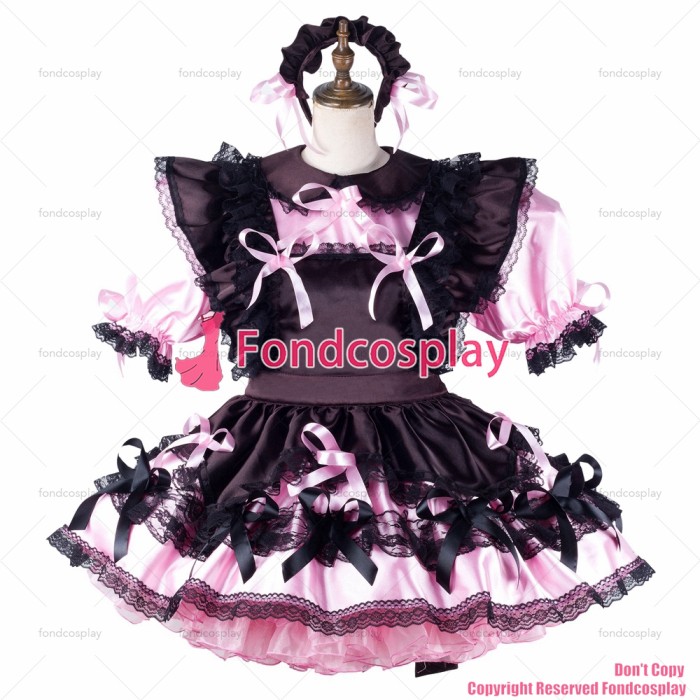 fondcosplay adult sexy cross dressing sissy maid short baby pink satin dress lockable Uniform black apron CD/TV[G2192]