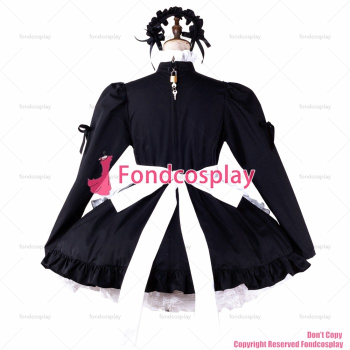 fondcosplay adult sexy cross dressing sissy maid black cotton dress lockable Uniform white apron costume CD/TV[G2203]