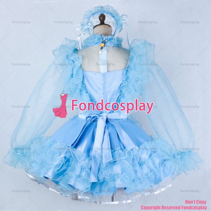 fondcosplay adult sexy cross dressing sissy maid short blue satin dress lockable organza Uniform costume CD/TV[G2044]