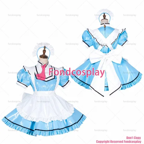fondcosplay adult sexy cross dressing sissy maid short lockable baby blue thin PVC vinyl dress white apron CD/TV[G1794]