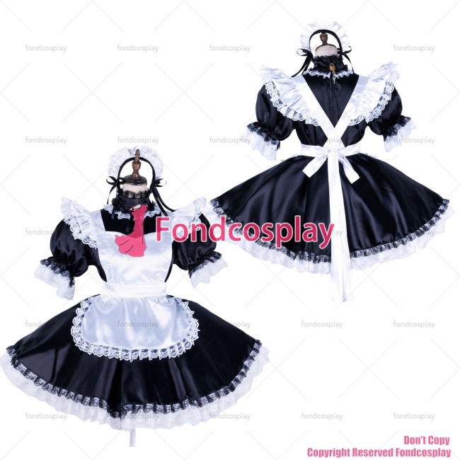 fondcosplay adult sexy cross dressing sissy maid short lockable black satin dress Uniform white apron costume CD/TV[G1756]