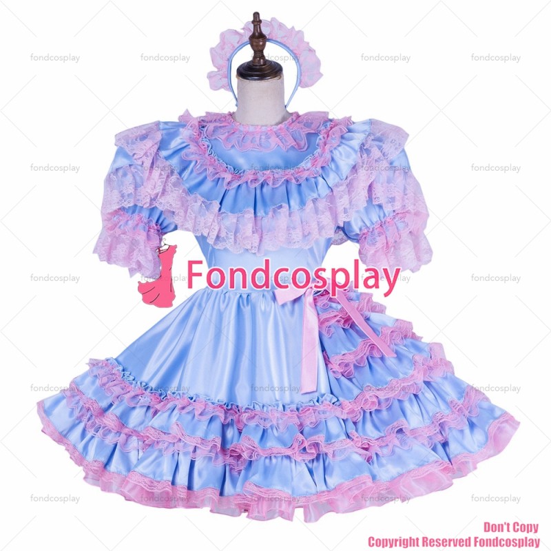 fondcosplay adult sexy cross dressing sissy maid short lockable baby blue satin dress Uniform cosplay costume CD/TV[G1772]