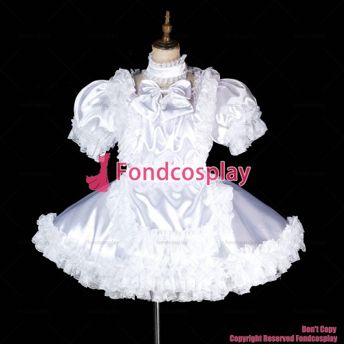 fondcosplay adult sexy cross dressing sissy maid short lockable white Satin Uniform apron costume CD/TV[G1997]