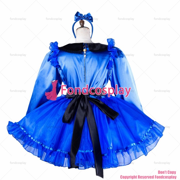 fondcosplay adult sexy cross dressing sissy maid blue satin dress organza lockable Peter Pan collar Uniform CD/TV[G2035]