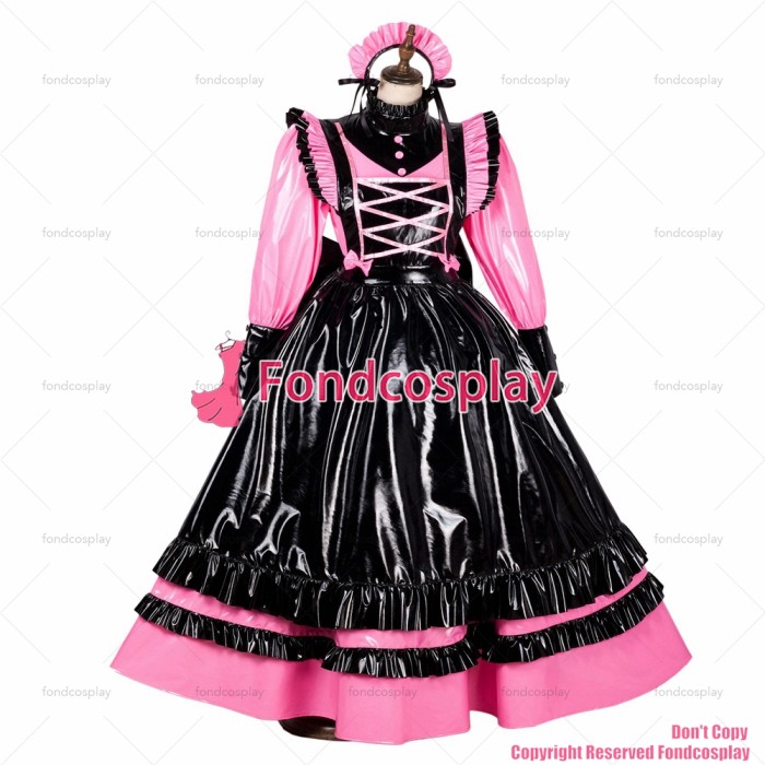 fondcosplay adult sexy cross dressing sissy maid long lockable pink thin PVC vinyl dress Uniform black apron CD/TV[G1788]