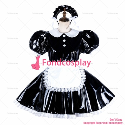 fondcosplay adult sexy cross dressing sissy maid black heavy pvc dress lockable white apron Peter Pan collar CD/TV[G2125]