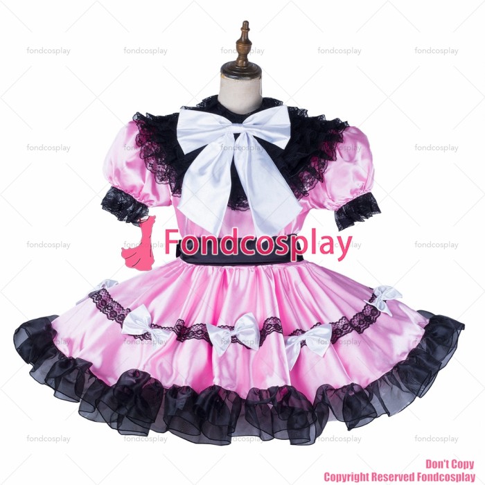 fondcosplay adult sexy cross dressing sissy maid short baby pink satin dress lockable Uniform cosplay costume CD/TV[G2124]