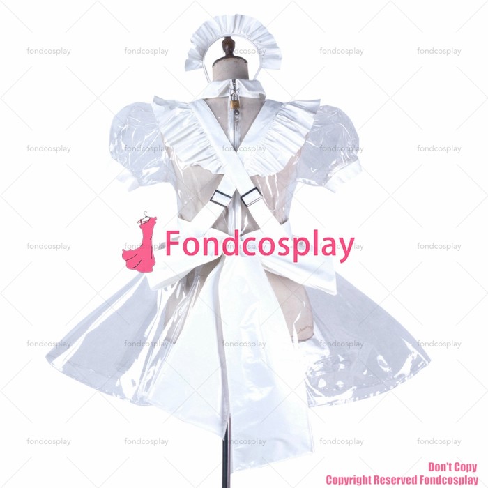 fondcosplay adult sexy cross dressing sissy maid short clear pvc dress lockable Uniform white apron costume CD/TV[G2191]