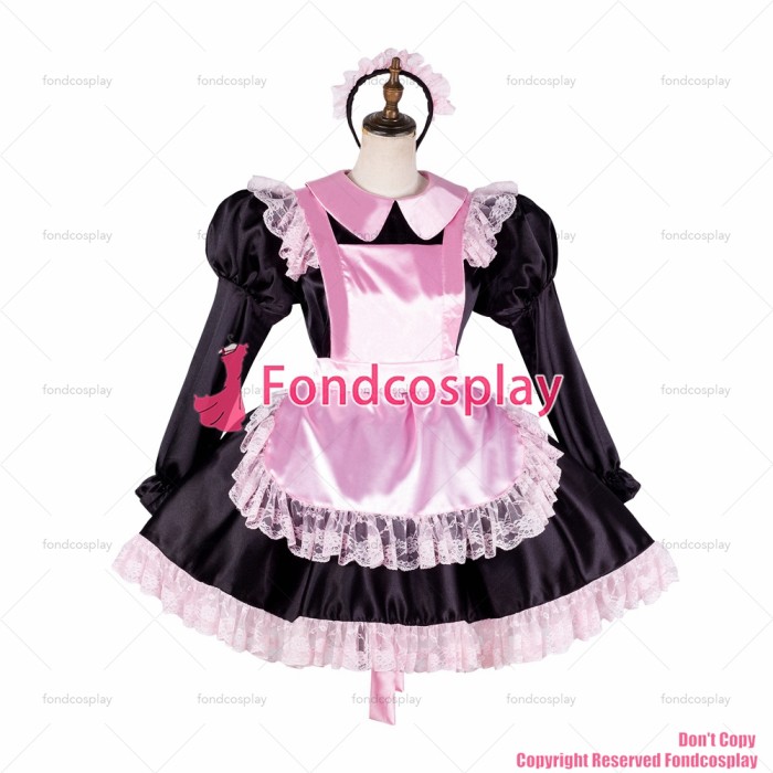 fondcosplay adult cross dressing sissy maid black satin dress pink apron lockable Uniform Peter Pan collar CD/TV[G2043]