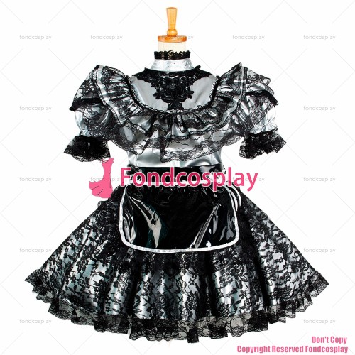 fondcosplay adult sexy cross dressing sissy maid silver heavy pvc dress lockable Uniform black apron costume CD/TV[G2066]