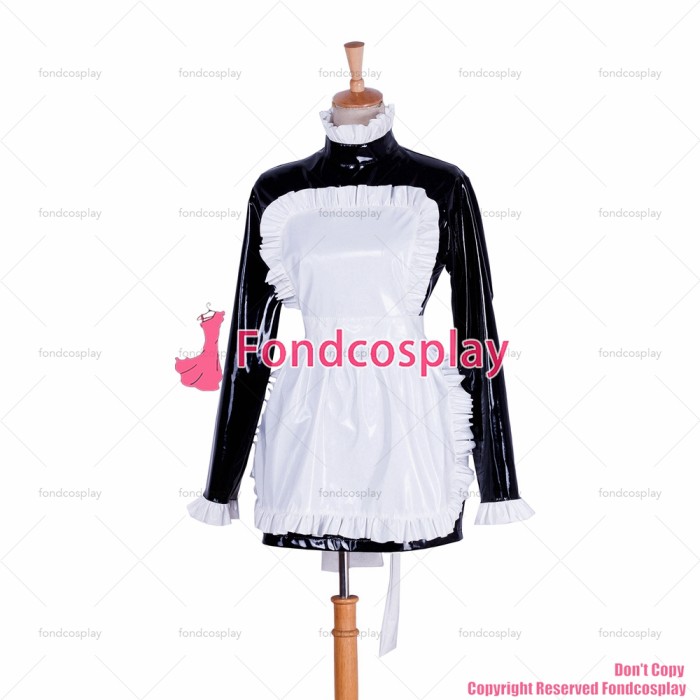 fondcosplay adult sexy cross dressing sissy maid lockable black heavy PVC dress Uniform white apron costume CD/TV[G1743]