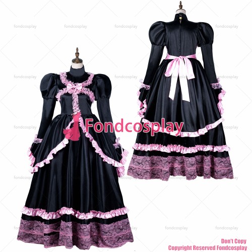 fondcosplay adult sexy cross dressing sissy maid long black satin dress lockable Uniform pink lace costume CD/TV[G2155]