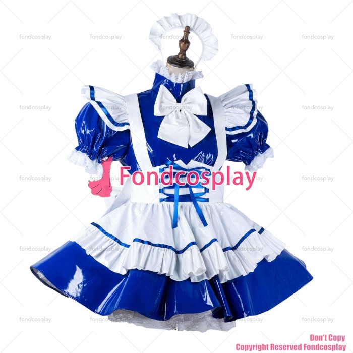 fondcosplay adult sexy cross dressing sissy maid blue heavy pvc dress lockable Uniform white apron costume CD/TV[G2209]