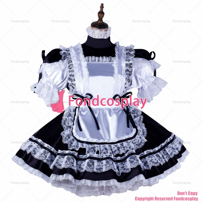 fondcosplay adult sexy cross dressing sissy maid short black satin dress lockable Uniform white apron costume CD/TV[G2165]