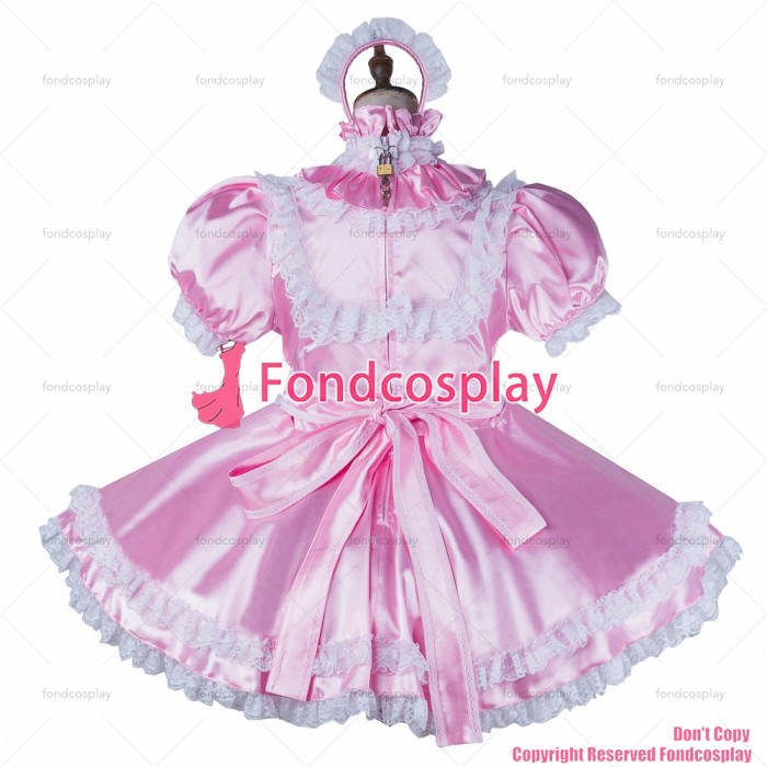 fondcosplay adult sexy cross dressing sissy maid short baby pink satin dress lockable Uniform cosplay costume CD/TV[G2150]
