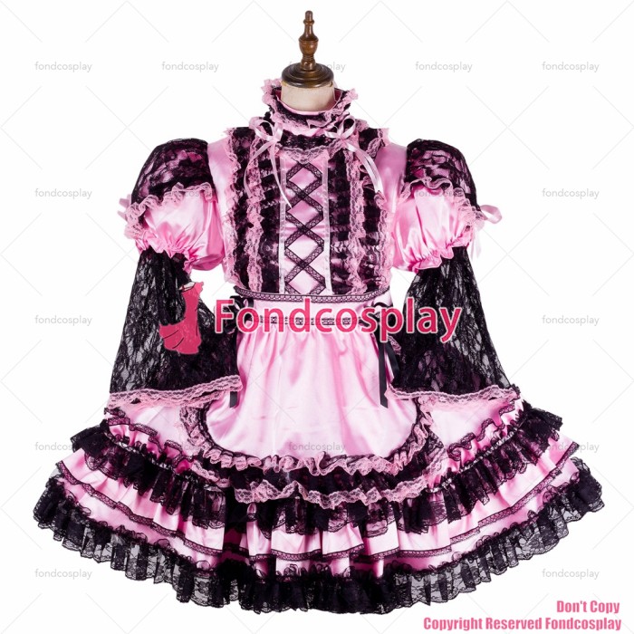 fondcosplay adult sexy cross dressing sissy maid short baby pink satin dress lockable Uniform apron costume CD/TV[G2130]