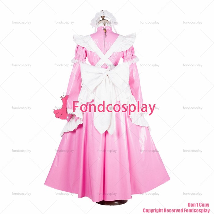 fondcosplay adult sexy cross dressing sissy maid long lockable baby pink thin PVC vinyl dress white apron CD/TV[G1801]