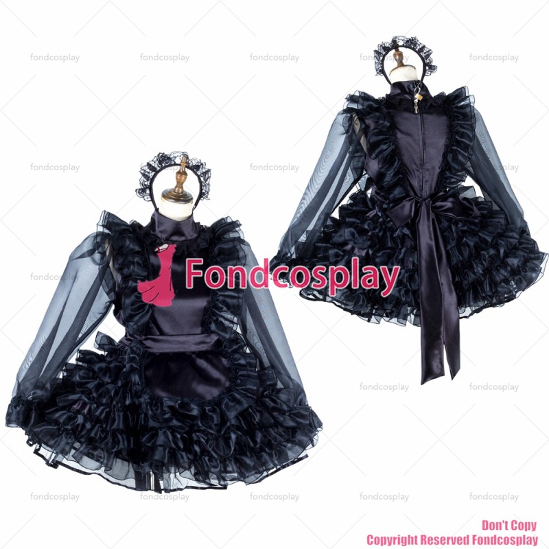 fondcosplay adult sexy cross dressing sissy maid short lockable black Satin Organza dress Uniform apron CD/TV[G2013]