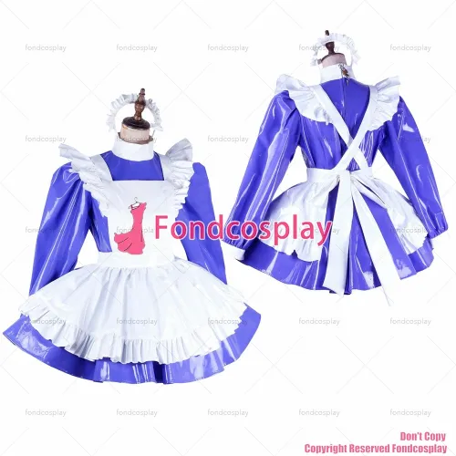 fondcosplay adult sexy cross dressing sissy maid blue pvc dress lockable Uniform white apron costume CD/TV[G2049]