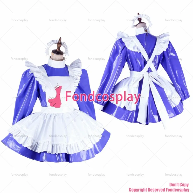 fondcosplay adult sexy cross dressing sissy maid blue pvc dress lockable Uniform white apron costume CD/TV[G2049]