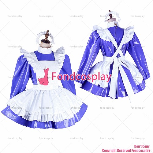 fondcosplay adult sexy cross dressing sissy maid blue pvc dress lockable Uniform white apron costume CD/TV[G2049]