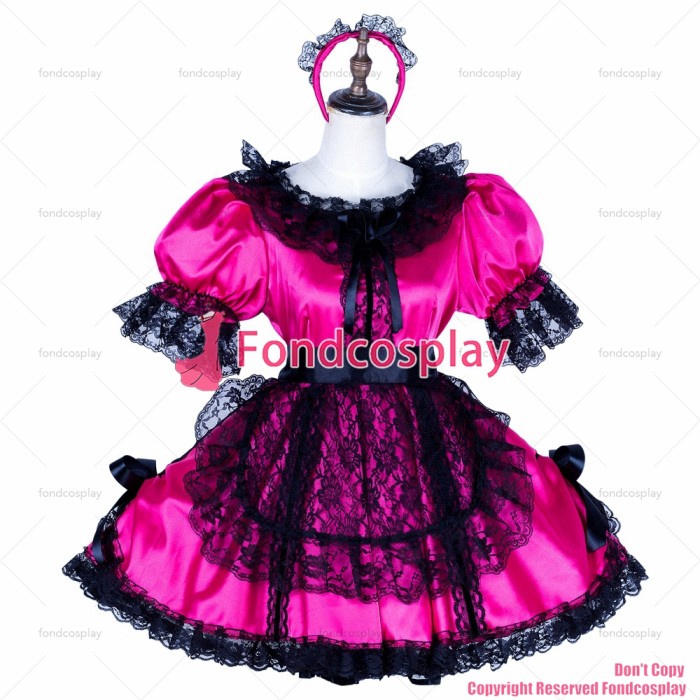fondcosplay adult sexy cross dressing sissy maid lockable hot pink satin dress Uniform black apron costume CD/TV[G1766]