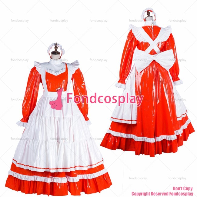 fondcosplay adult sexy cross dressing sissy maid long lockable Orange thin PVC vinyl dress white apron CD/TV[G1804]