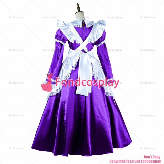 fondcosplay adult sexy cross dressing sissy maid long lockable Purple Satin dress Uniform white apron costume CD/TV[G2004]