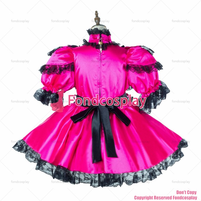 fondcosplay adult sexy cross dressing sissy maid hot pink satin dress lockable Uniform black apron costume CD/TV[G2147]
