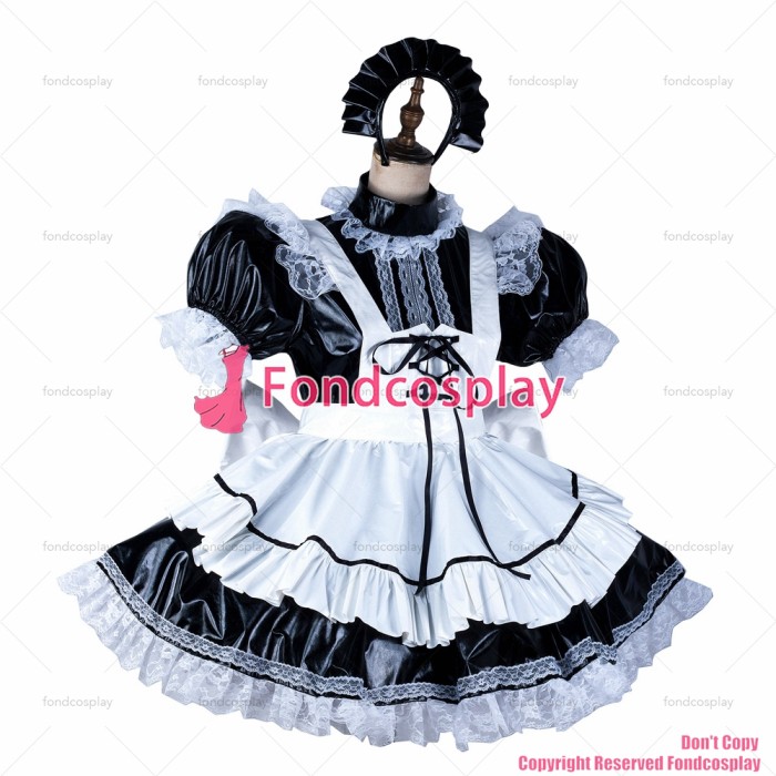 fondcosplay adult sexy cross dressing sissy maid short black thin pvc dress lockable Uniform white apron CD/TV[G2127]