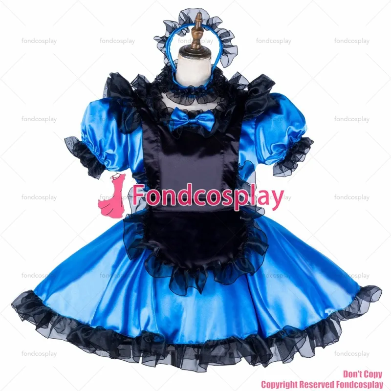 fondcosplay adult sexy cross dressing sissy maid short blue satin dress lockable Uniform black apron costume CD/TV[G2046]