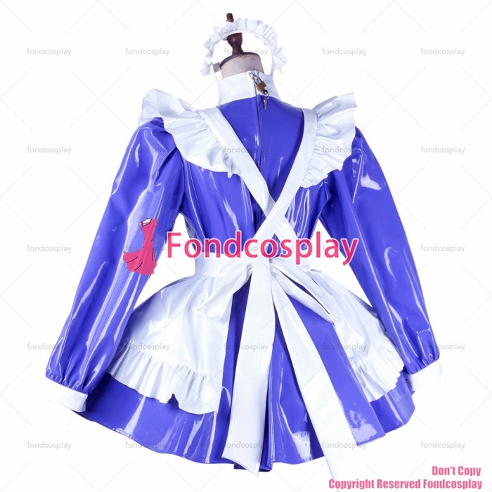 fondcosplay adult sexy cross dressing sissy maid blue heavy pvc dress lockable Uniform white apron costume CD/TV[G2049]