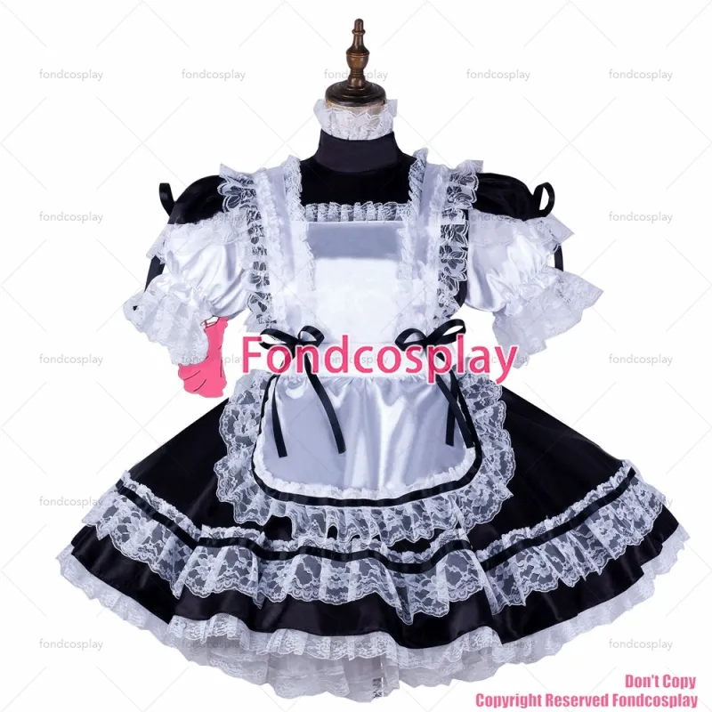 fondcosplay adult sexy cross dressing sissy maid short black satin dress lockable Uniform white apron costume CD/TV[G2165]