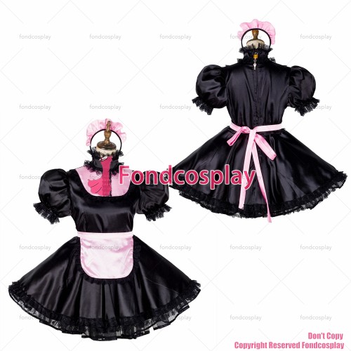fondcosplay adult sexy cross dressing sissy maid short lockable black satin dress Uniform pink apron costume CD/TV[G1782]