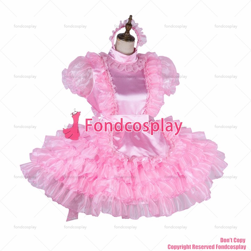 fondcosplay adult sexy cross dressing sissy maid lockable baby pink satin Organza dress Uniform apron costume CD/TV[G1988]