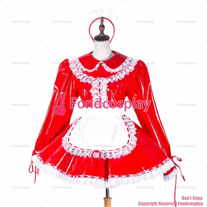 fondcosplay adult sexy cross dressing sissy maid lockable red heavy PVC dress Uniform white apron costume CD/TV[G1751]