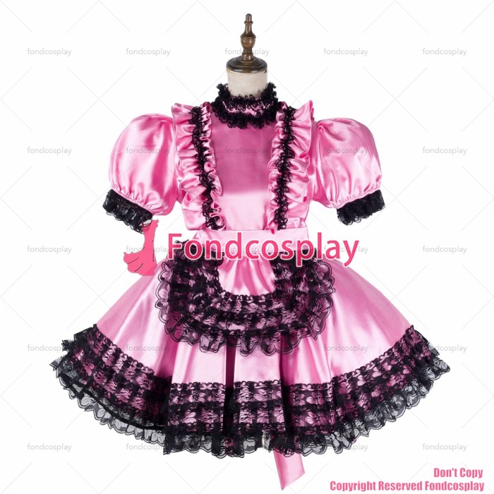 fondcosplay adult sexy cross dressing sissy maid short pink satin dress lockable Uniform cosplay costume CD/TV[G2158]
