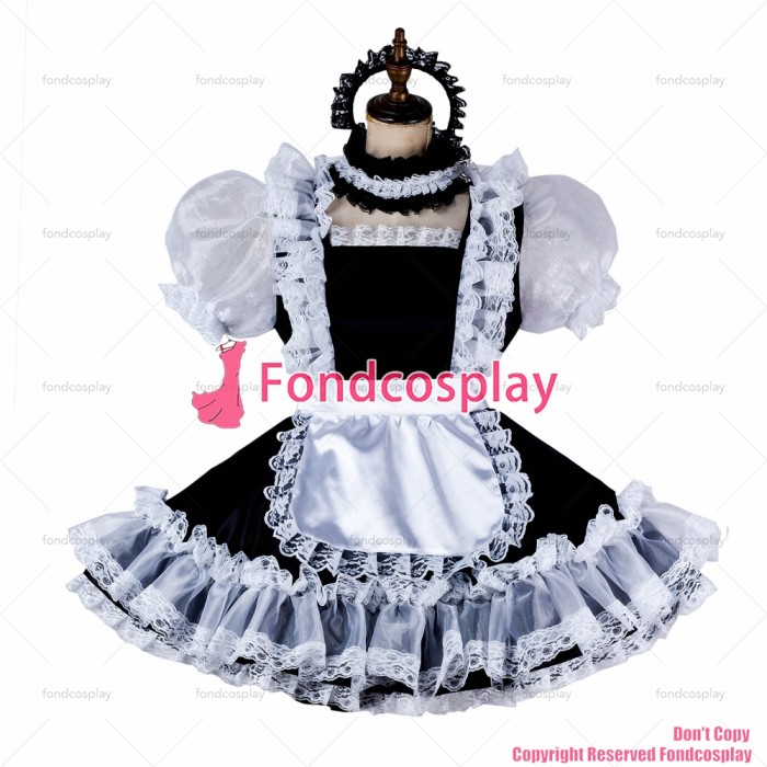 fondcosplay adult sexy cross dressing sissy maid short lockable black Satin Organza dress Uniform white apron CD/TV[G2007]
