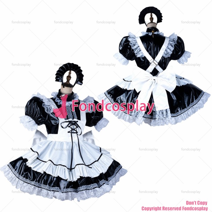fondcosplay adult sexy cross dressing sissy maid short black thin pvc dress lockable Uniform white apron CD/TV[G2127]