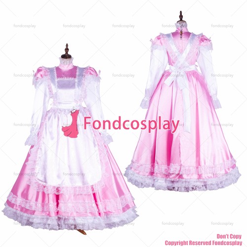 fondcosplay adult sexy cross dressing sissy maid long lockable baby pink satin dress Uniform white apron CD/TV[G1749]