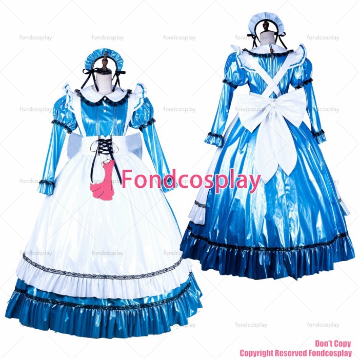 fondcosplay adult sexy cross dressing sissy maid long lockable blue thin PVC dress Uniform white apron CD/TV[G1752]