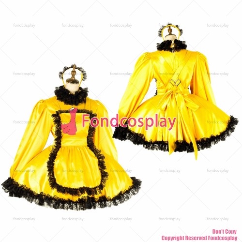 fondcosplay adult sexy cross dressing sissy maid short lockable yellow Satin dress Uniform apron costume CD/TV[G2012]