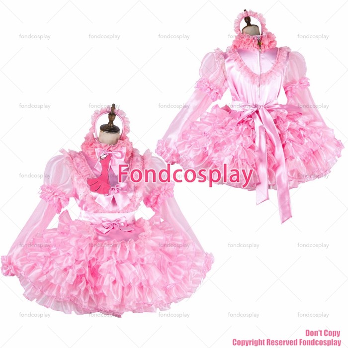 fondcosplay adult sexy cross dressing sissy maid short lockable baby pink Satin Organza dress Uniform costume CD/TV[G2014]