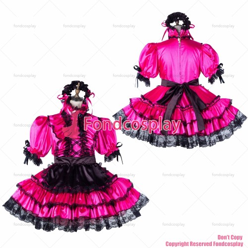 fondcosplay adult sexy cross dressing sissy maid hot pink satin dress lockable Uniform black apron costume CD/TV[G2201]