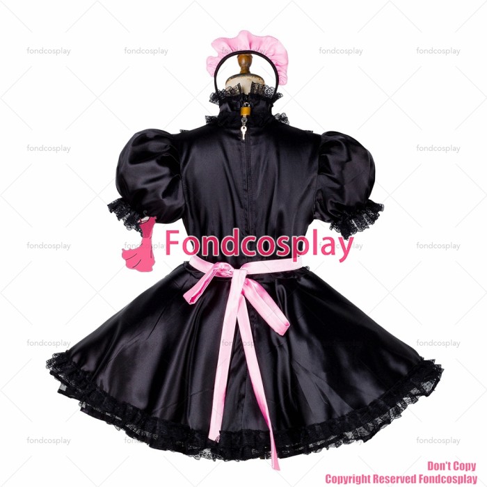 fondcosplay adult sexy cross dressing sissy maid short lockable black satin dress Uniform pink apron costume CD/TV[G1782]