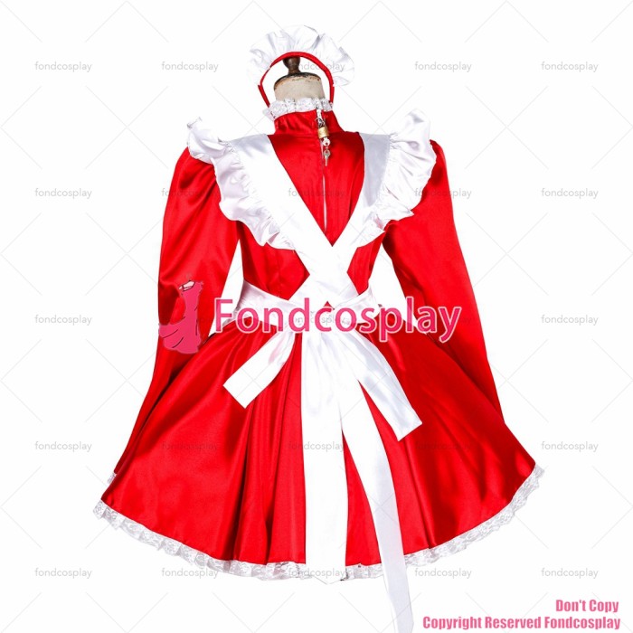 fondcosplay adult sexy cross dressing sissy maid short lockable red satin dress Uniform white apron costume CD/TV[G1793]