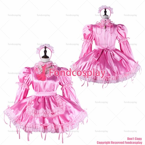 fondcosplay adult sexy cross dressing sissy maid short pink satin dress lockable Uniform apron costume CD/TV[G2215]